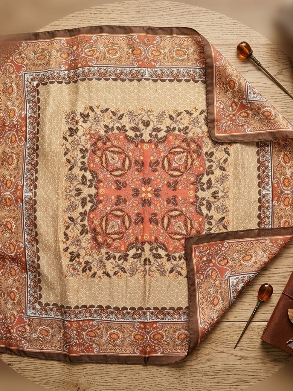 Vintage Signé Cybèle 100% Silk Scarf Brown Paisley Bohemian Luxury Wrap
